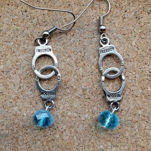 Silver Hand Cuffs Handcuffs Engraved FREEDOM Swarovski Blue Crystal